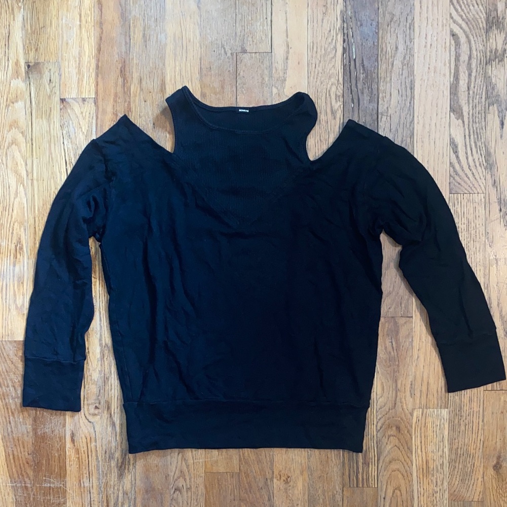 Monrow Womens Sweater Small Long Sleeve Cutout Cold Shoulder Crewneck Black